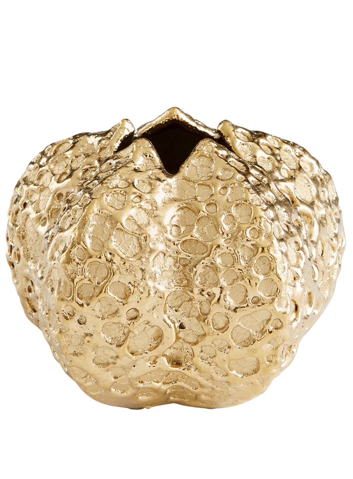 This abstract accent vase features a hammered metal form, coated in a shimmering gold finish. Perfect for any tabletop ensemble with ambitious elegance as the foundation for style and design. Store your floral arrangements in this vessel to display in your home office, bathroom, living room, or bedroom. This vase is also great for commercial or hospitality applications for added luxury in common areas and lobbies.  Dimensions: H 7.25 x Diameter 5