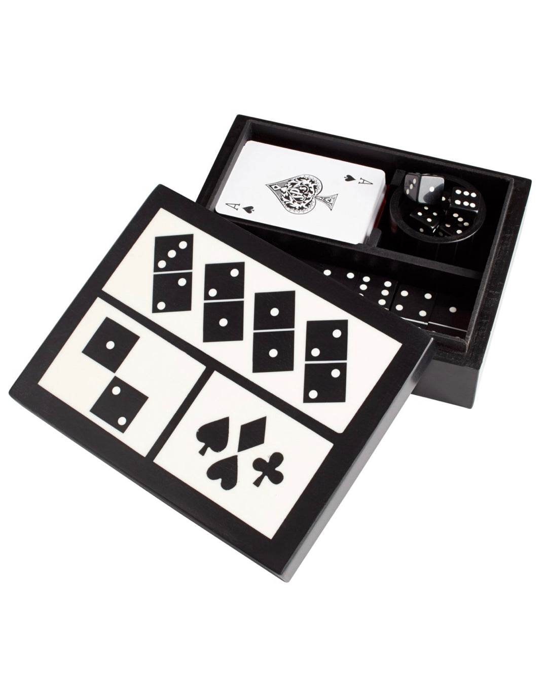 Up your game night style when displaying this gorgeously detailed sculpture. Cards, dice, and dominoes rest in this black and white box piece elevating an eclectic den or game room.  Dimensions: H 2.25 x W 7.25 x Depth 6  Finish: Black and White Materials: Resin