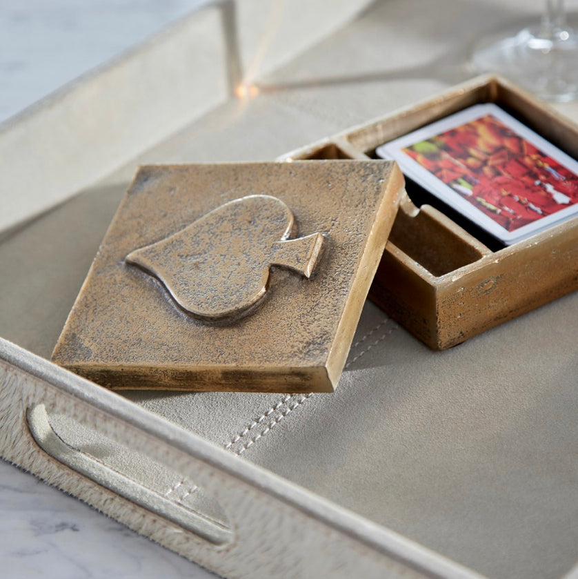 Gold Spade Container   Dimensions: H 2 x W 4.5 x Depth 4.5  ETA: 12/24/2021  Finish: Antique Gold Materials: Aluminum