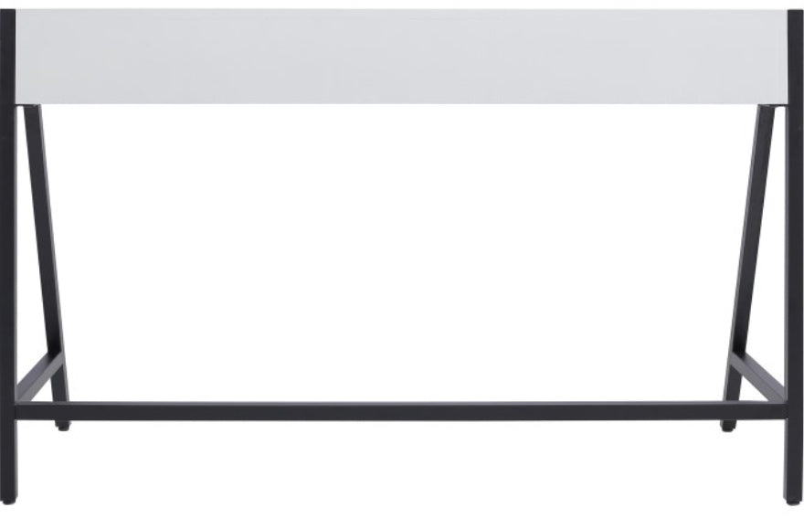 The Checkmate Desk is a white painted wood desk with a metal frame. Featuring two storage drawers, the cantilevered desk top is mounted on a triangular open frame metal base that is powder coated to resist scratching and rust. Dimensions:48" W x 22" D x 30" H