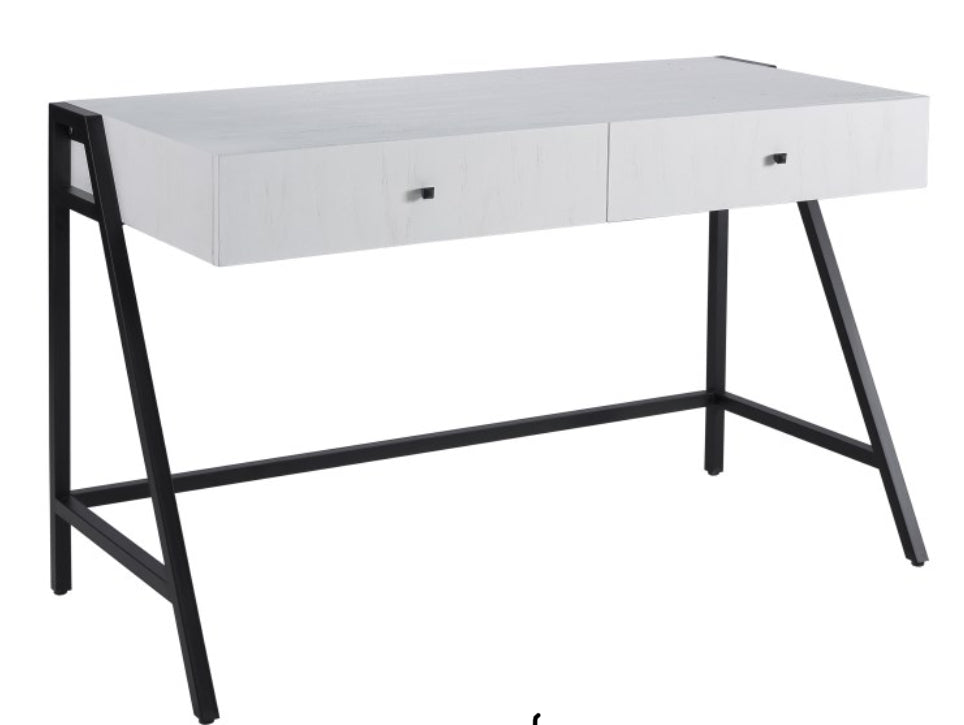 The Checkmate Desk is a white painted wood desk with a metal frame. Featuring two storage drawers, the cantilevered desk top is mounted on a triangular open frame metal base that is powder coated to resist scratching and rust. Dimensions:48" W x 22" D x 30" H