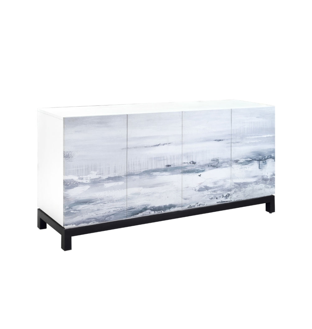 The Checkmate Credenza is a white painted wood storage credenza featuring four drawers and four doors, which open to reveal adjustable shelving within. 
This two tone black and white credenza offers style and versatile storage for a dining room or living room.