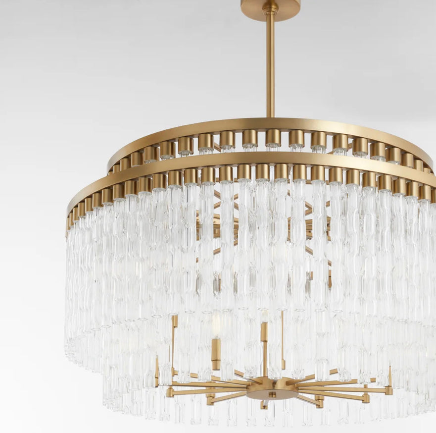 o"This chandelier is a glamorous design that includes eight spherical lighting elements supported by several gilded linear frames. It is an 6-light chandelier that is hung from the ceiling.  This fixture encases the bulbs in several round bulbous glass pieces. It gives an elegant appearance with its touches of gold. Make a statement in a dining room, living room, bedroom, residential or commercial space."  Dimensions: L 36 X W 36 X H 15.25