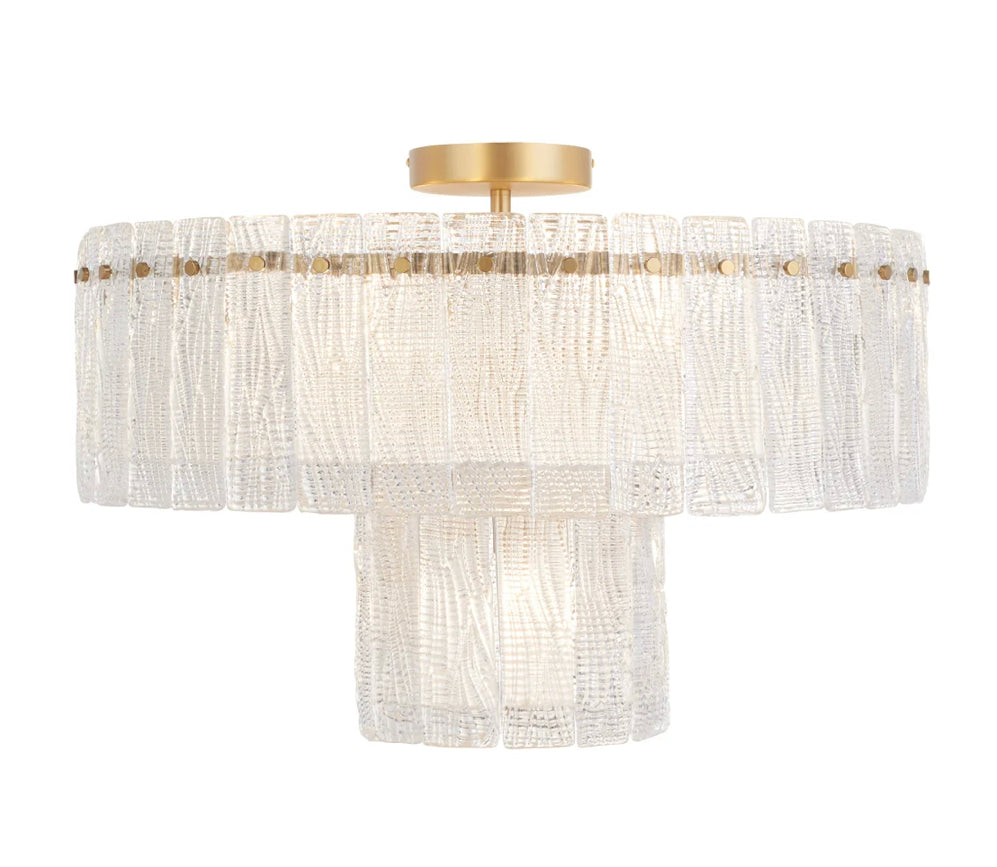 The Cristal series of premier lighting makes a powerful statement through timeless aesthetics. Expert artisans combine traditional craftsmanship with modern innovation to create sophisticated designs that transcend the ordinary.  Inspired by Art Deco styling, the Othello collection boasts hand-pressed textured glass panels that provide a warm, subtle glow.  Aged brass arms form large and small overlapping cylinder frames that support 80 clear glass pieces in the 9 light chandelier.     Dimensions: Dia 32 X 