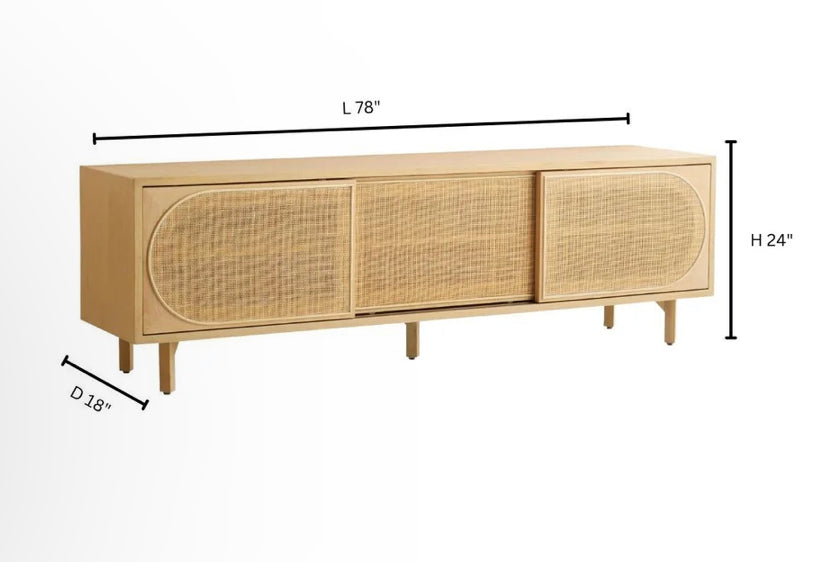 Woven rattan insets and natural oak finishes give the Lamu series a distinct aesthetic reminiscent of a modern exotic retreat.  The media console within the series features three sliding doors that reveal an abundance of storage space with adjustable shelving. Its height is modest to accommodate for optimal viewing of large screens.