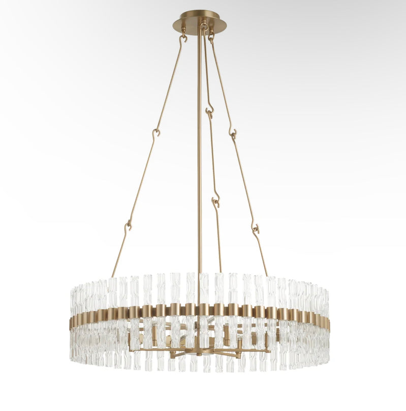 o"This chandelier is a glamorous design that includes eight spherical lighting elements supported by several gilded linear frames. It is an 6-light chandelier that is hung from the ceiling.  This fixture encases the bulbs in several round bulbous glass pieces. It gives an elegant appearance with its touches of gold. Make a statement in a dining room, living room, bedroom, residential or commercial space."  Dimensions: L 36 X W 36 X H 15.25