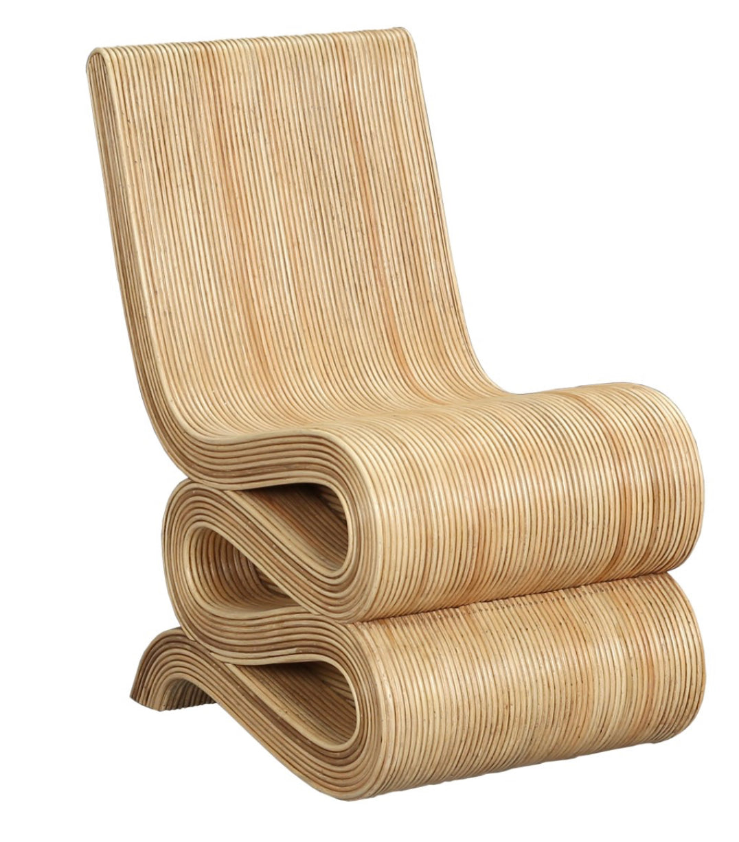 The Ribbon Chair is made from rows of single rattan rods that bend and fold to create a sculptural chair.  The material, which is not for outdoor use, is sustainable and durable materal and will last for generations when cared for properly.  Depth2 xHeight34 x Width18.5 Weight36.