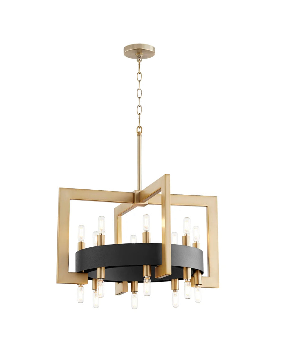 The Archibald Chandelier is a supremely imposing lighting fixture. Its gorgeous geometric structure and frame is both gilded and coated with a luxurious dark monochrome.  The chandelier's circular frame houses several lighting fixtures for heightened elegance.  Dimensions: H 16.5 X Dia 32  