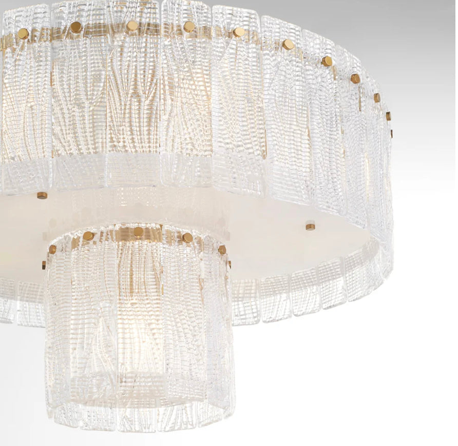 The Cristal series of premier lighting makes a powerful statement through timeless aesthetics. Expert artisans combine traditional craftsmanship with modern innovation to create sophisticated designs that transcend the ordinary.  Inspired by Art Deco styling, the Othello collection boasts hand-pressed textured glass panels that provide a warm, subtle glow.  Aged brass arms form large and small overlapping cylinder frames that support 80 clear glass pieces in the 9 light chandelier.     Dimensions: Dia 32 X 