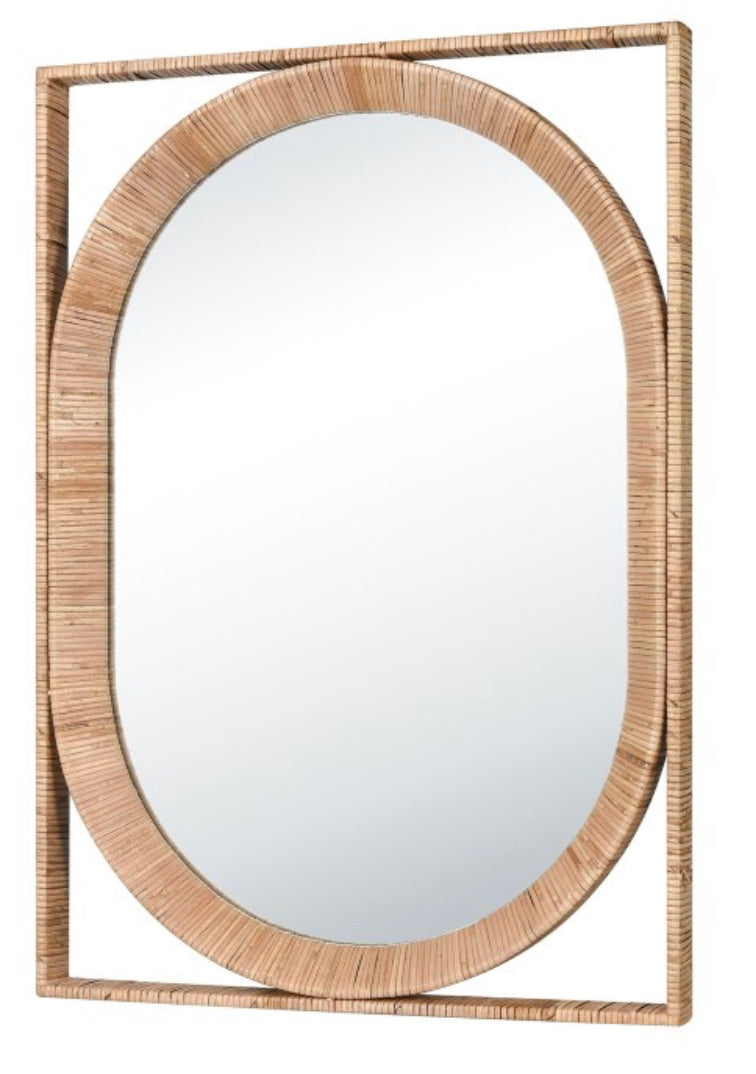  Explore a glamourous update on the traditional with this beautiful bronze mirror. Thin details and sophisticated curves dress up walls in any hallway.  Dimensions: 23.5" W x 2" D x 33.5" H  Weight: 12.67lbs.  Primary Material Sub StyleRattan Secondary MaterialGlass     