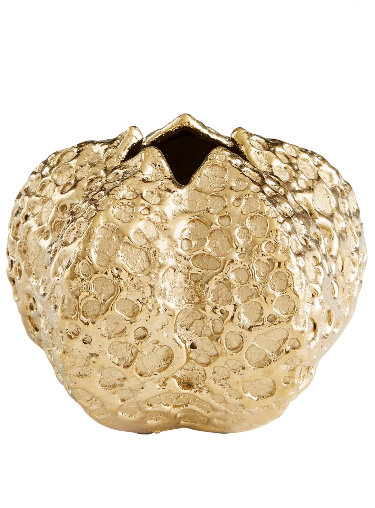  This abstract accent vase features a hammered metal form, coated in a shimmering gold finish. Perfect for any tabletop ensemble with ambitious elegance as the foundation for style and design. Store your floral arrangements in this vessel to display in your home office, bathroom, living room, or bedroom. This vase is also great for commercial or hospitality applications for added luxury in common areas and lobbies.  Dimensions: H 7.25 x Diameter 5