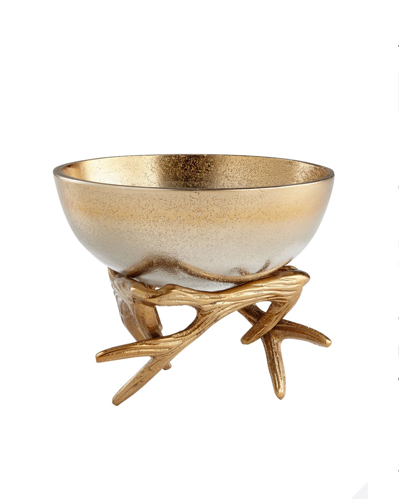 Antler Anchored Bowl | Gold - Large   $69.00  08133  Regal in nature, this large gold anchored bowl offers a pleasing upgrade to the classic centerpiece. Drawing the eye up with an antler-like base, belongings are showcased in this textured dish.  Qty Available: 82  Dimensions: L 9.25 X W 9.25 X H 6.25  Weight: 4.3 lbs.  Finish: Gold Materials: Aluminum