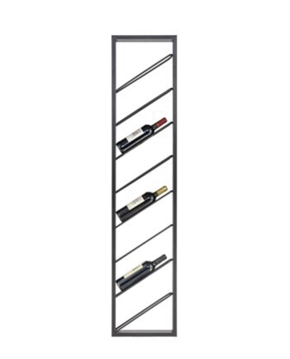 Angled Wavertree Wall Wine rack is an  Unique modern farmhouse wall wine rack. It is very sturdy metal construction guarantees lasting quality, with angled black finish.The wall wine rack accommodates 8 bottles of wine.    DIMENSION: HEIGHT (IN):63    DIMENSION: LENGTH (IN):3    DIMENSION: WIDTH (IN):14:13    WEIGHT (LBS):12.1         