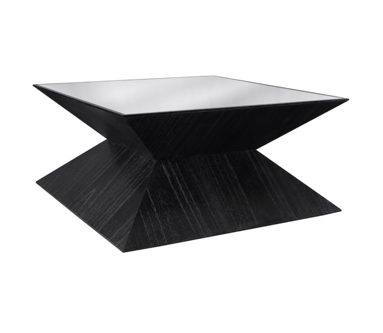 The Checkmate Coffee Table is a modern black square wood table with a tempered glass top. A marble laminate shelf under the glass provides a display area, and the black finish highlights the beauty of the wood grain. The table's sides are notched and faceted for a bit of sculptural interest. Item Width38 Item Depth38 Item Height18 Item Weight88
