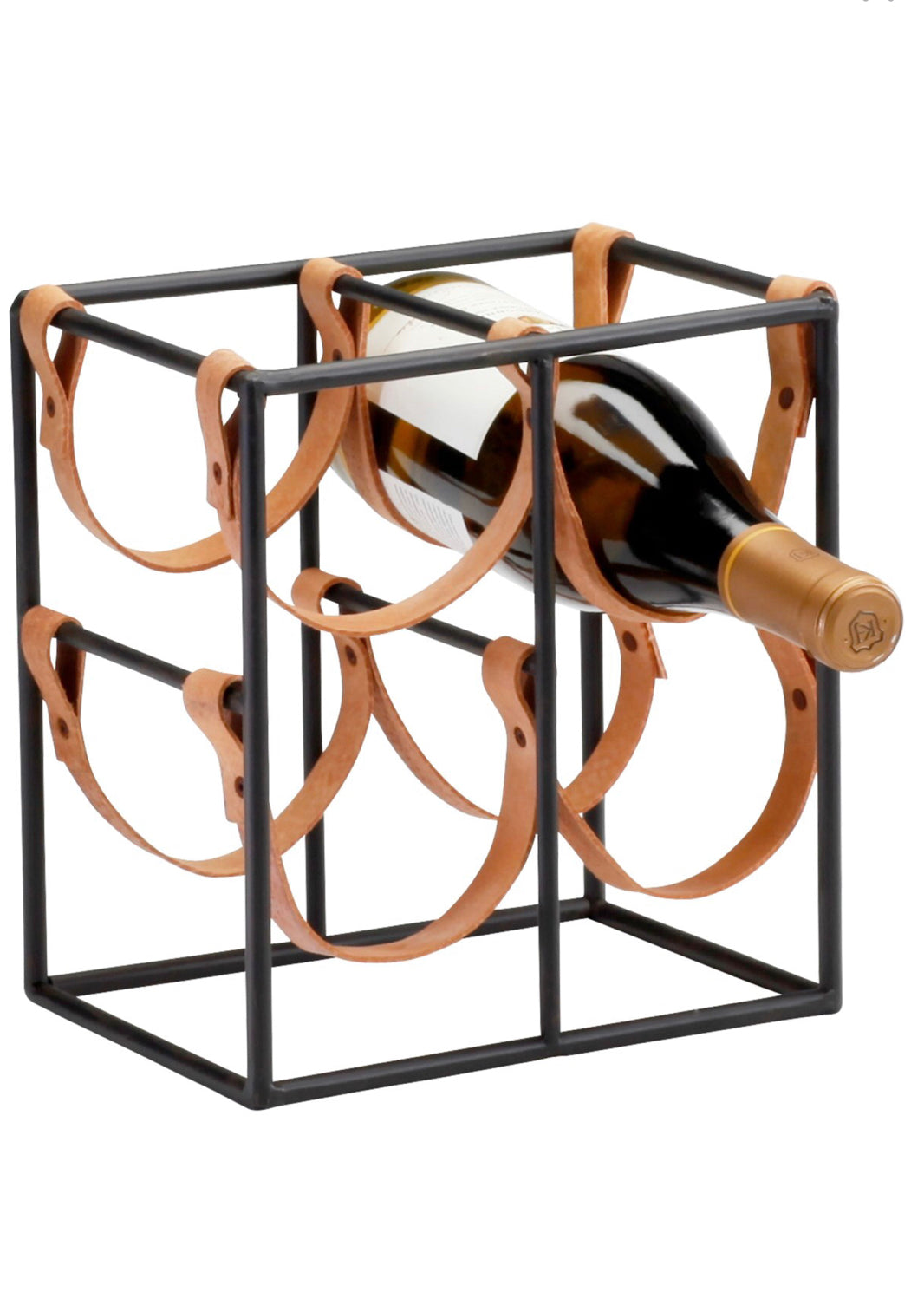 Contemporary yet rustic with a fully functional design this beautiful, wine rack holds 4 bottles, individually. The sturdy construction and clever design make it hard for bottles to fall out, even if the rack is bumped. Your delicious wines and other spirits are cradled horizontally to keep corks moist and the contents fresh for your enjoyment.Â Perfect for any western inspired kitchen or any modern-transitional bar design.  Dimensions: H 9.5 x W 8.75 x Depth 6.2
