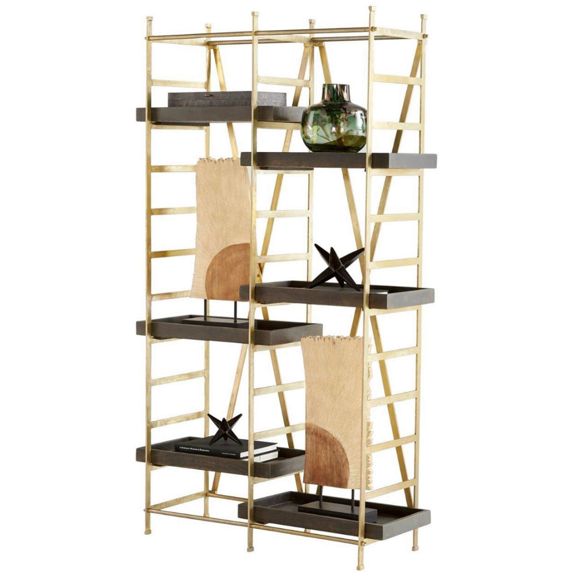 The ultra stylish Corsetto etagere features the perfect blend of industrial and mid-century modern styles. Available in an antiqued gold and natural grey finish combination, the adjustable shelves draw attention to the unique personality of the wood grain and its sophisticated iron frame adds versatile fashion to shelving unit, making it the perfect storage solution to any ornate living room, den, or bedroom application.  Dimensions: H 72.75 x W 41.5 x Depth 15.25