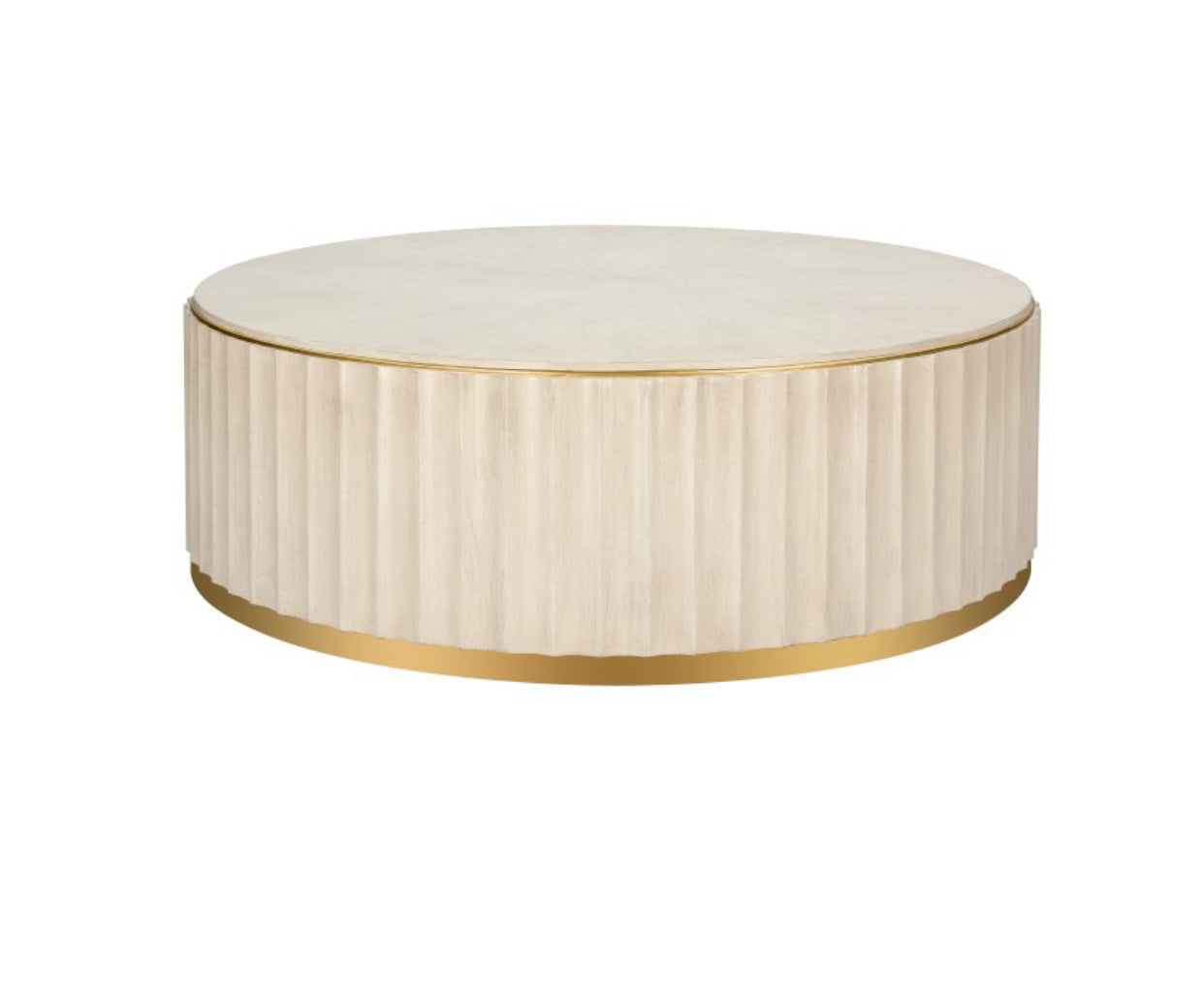 The Apollo Coffee Table is a study in refined simplicity. A low round drum shape features a bleached wood vertical fluted detail around the body. A brass plinth base and edging around the tabletop adds elegance.  Primary Color/FinishBleached Secondary Color/FinishBrass Primary MaterialWood Primary Material Sub StyleAsh Wood Secondary MaterialMetal Secondary Material Sub StyleStainless Steel Item Width51 Item Depth51 Item Height17.25 Item Weight153 