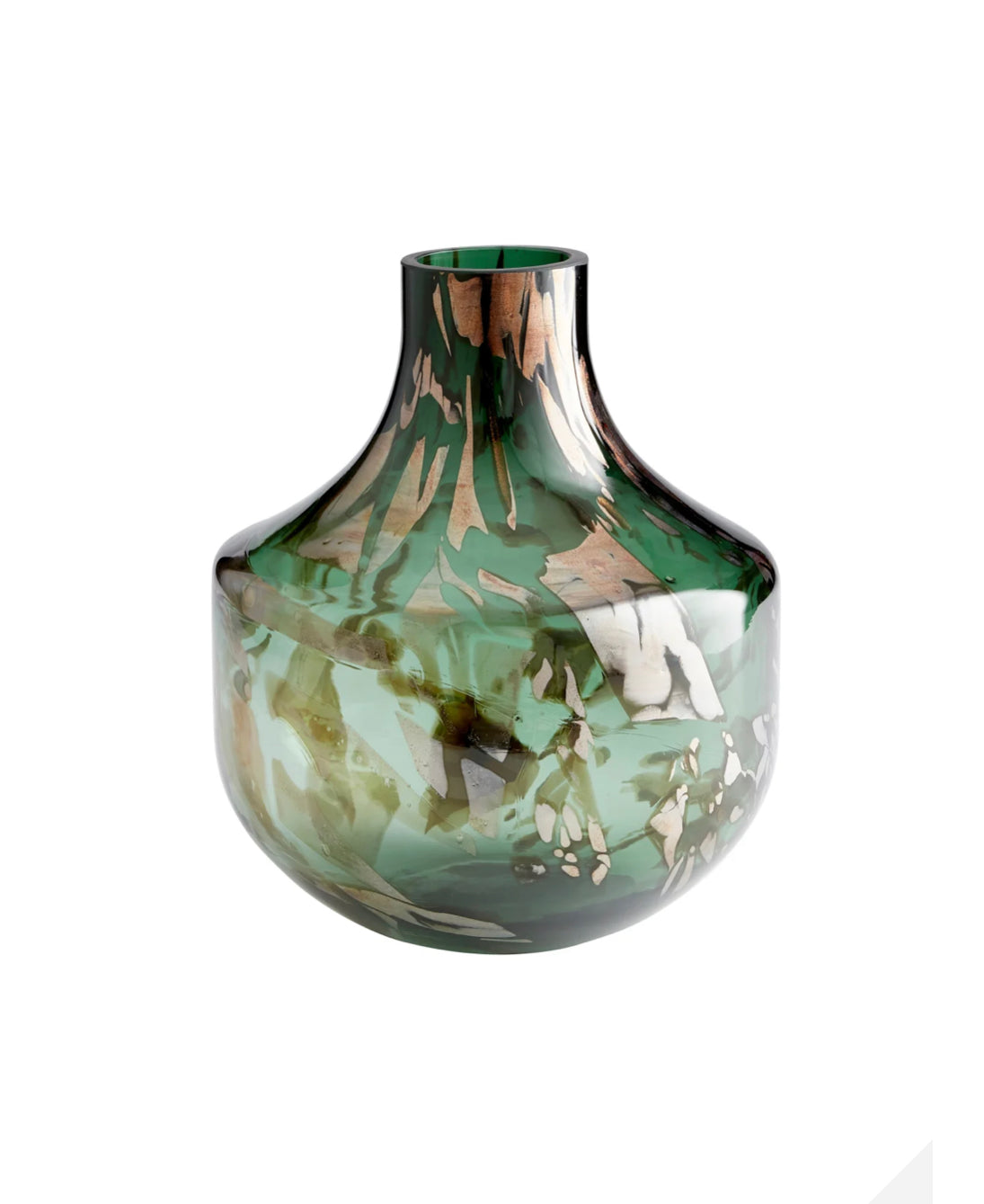 "Add an abstract design to your tabletop ensemble with the Maisha vase. Available in two size options, these organic and earth toned accents feature a smooth green finish, sprinkled with oversized flakes. These contemporary vessels are ideal for your spring floral arrangements. Perfect for any style design: contemporary, traditional, or transitional, these glassware pieces will fit your needs."  Artisan Produced: This product, or portions of this product have been hand crafted by artisans. Each piece is uni