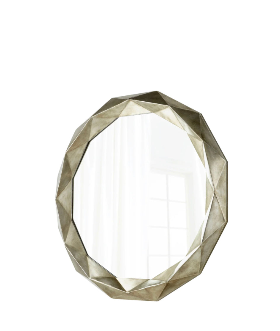 Sweet Harbor Mirror   $751.00  09562  "Angles and depth add sophistication to any bathroom with this beautiful silver mirror. A simple oval shape allows the texture of the iron to shine, illuminating its reflections."  Dimensions: L 55.00 X W 55.00 X H 3.75  Qty Available: 0  ETA: 03/30/2022  Finish: Silver Materials: Iron and Mirrored Glass Shipped Via: Freight Only (See Terms & Conditions)