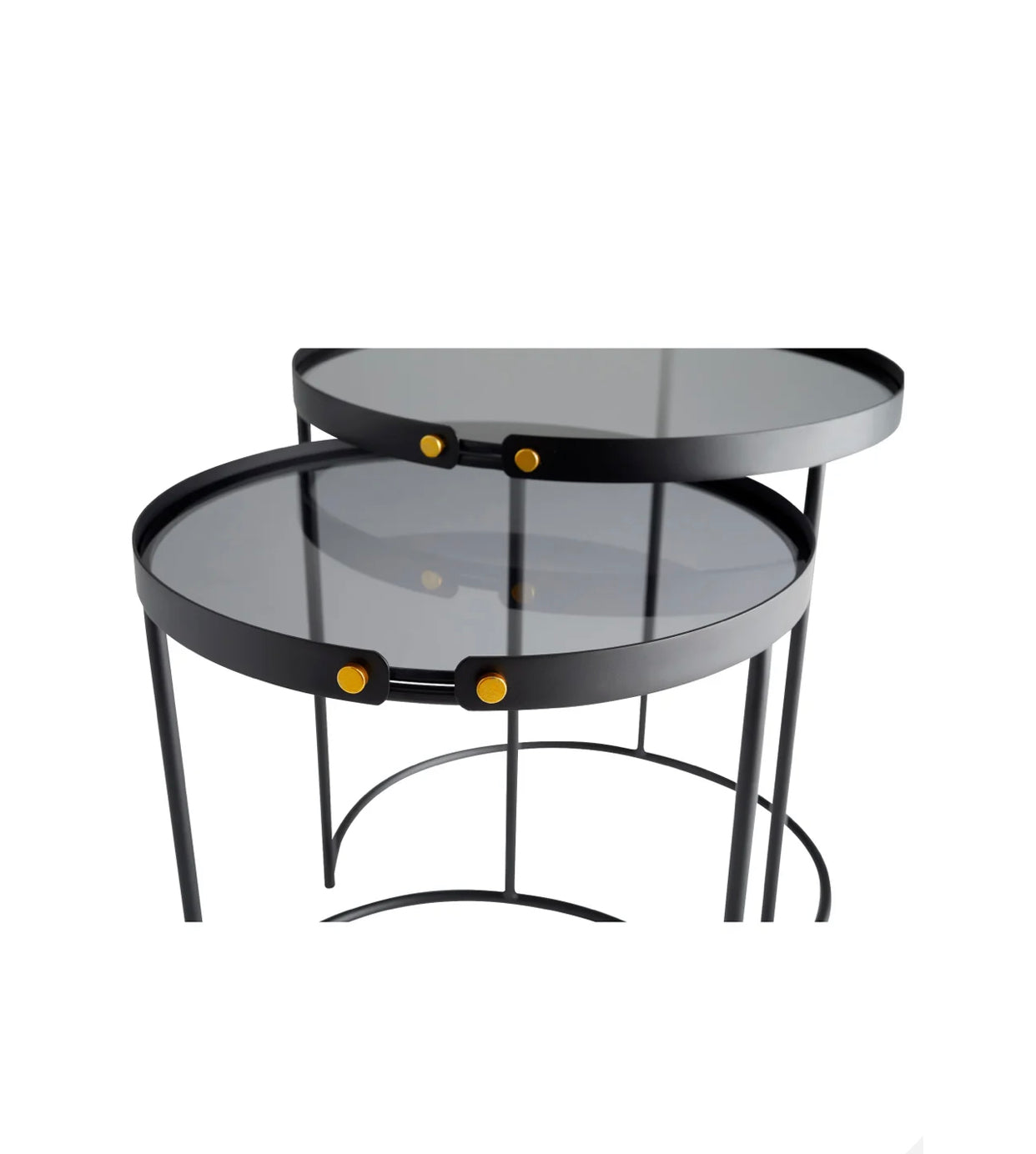 This 2-piece table set consists of a slender design and is rendered in a regal dark monochrome. The table top is glass and is gracefully supported by a semi-circular base.  Qty Available: 1  Dimensions: L 19.00 X W 19.00 X H 20.00  Weight: 27.3 lbs.  Finish: Graphite Materials: Iron/Glass