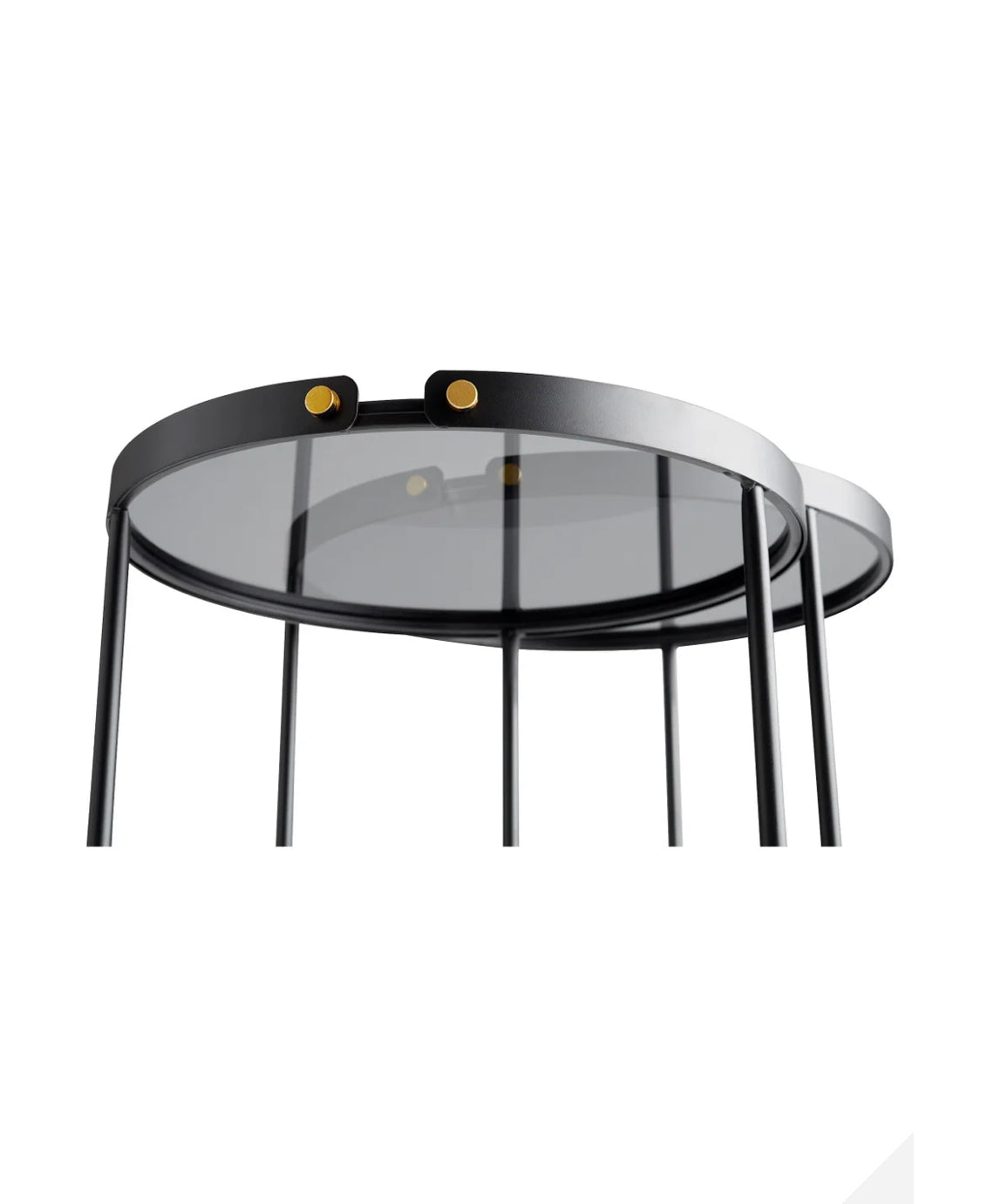 This 2-piece table set consists of a slender design and is rendered in a regal dark monochrome. The table top is glass and is gracefully supported by a semi-circular base.  Qty Available: 1  Dimensions: L 19.00 X W 19.00 X H 20.00  Weight: 27.3 lbs.  Finish: Graphite Materials: Iron/Glass