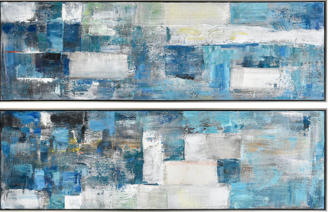 Broad brush strokes in blues and white create an intricate patchwork of color and texture in Blue Apparent. This two-piece set is hand painted on canvas and comes in a silver floating frame. These panels are ideal for adding a pop of vibrant color and dimension to a modern space and feature hints of gold highlights. DIMENSIONS(19"h x 61"w x 2")  
